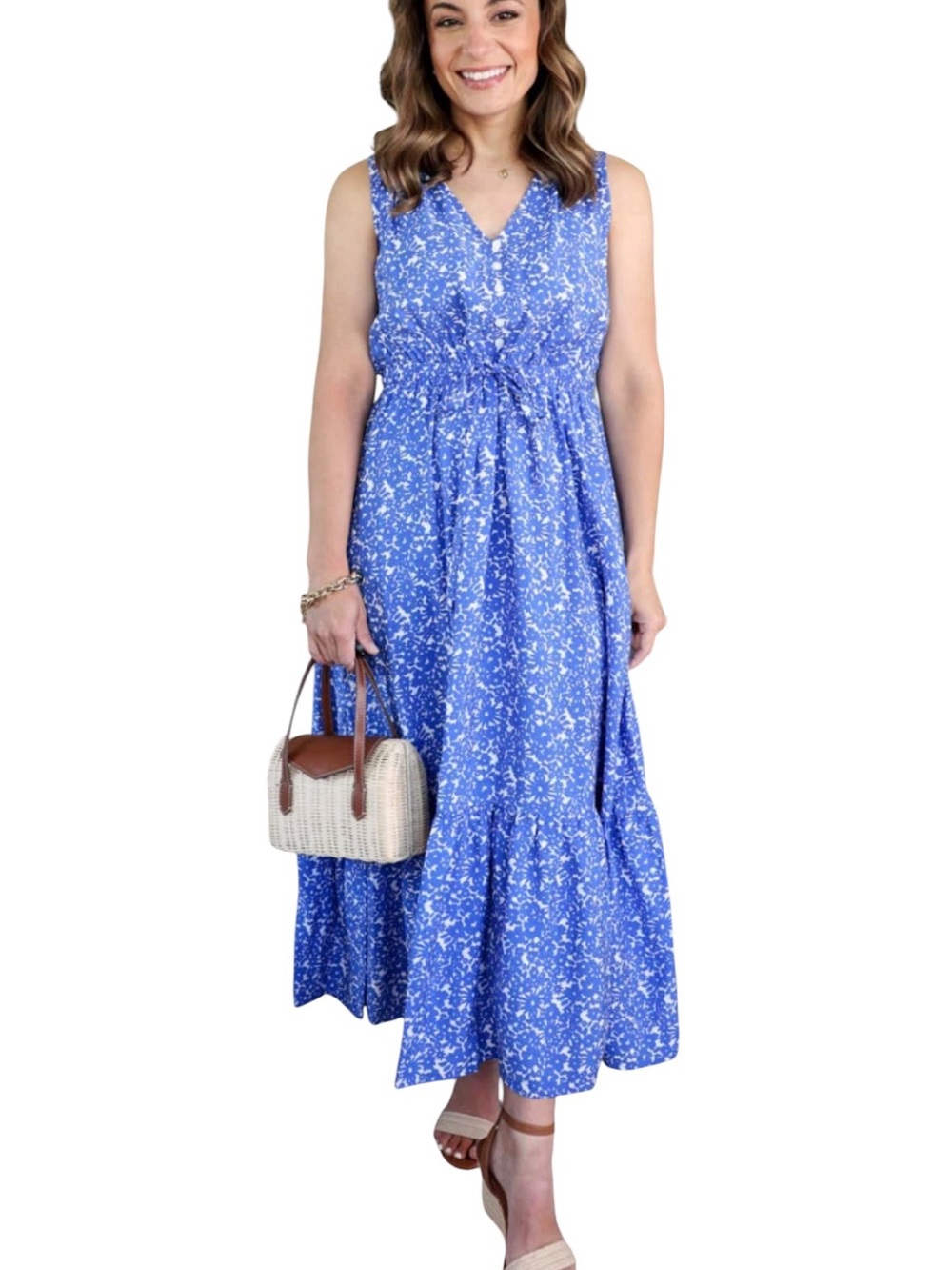 SONOMA Goods For Life | Blue Floral Femme Button Bodice Maxi Dress 5X V-Neckline
